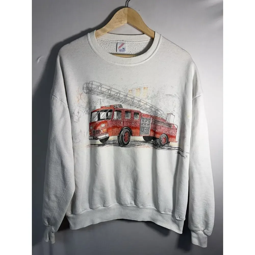 Vintage‎ Russell Fire Truck Sweatshirt XL USA Made White Graphic Crewneck